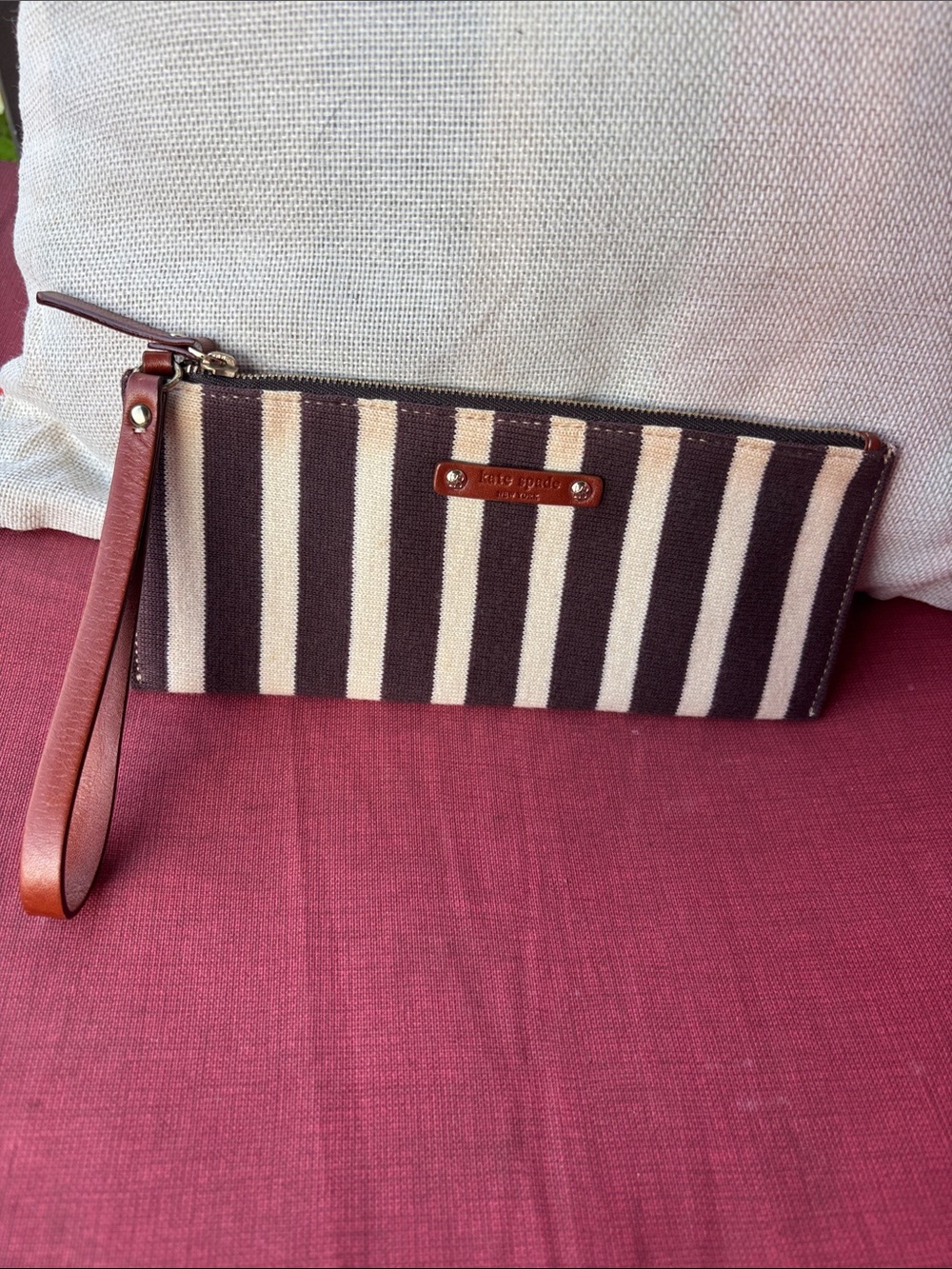 kate spade Brown and Cream Striped Wristlet Clutch